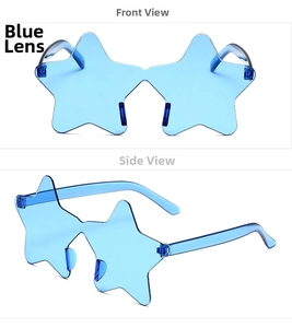 Front and side view of star-shaped rimless blue lens party sunglasses for kids