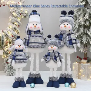 Christmas Snowman Plush Doll Retractable Long Leg Figurine For Home Holiday Party Nordic Blue Knitted Winter Decor