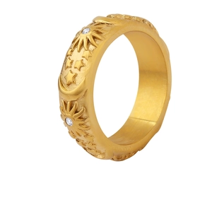 Vintage Celestial Sun Moon Star Embossed Ring Titanium Stainless Steel With Zircon 18K Gold Plated Court Style For Women