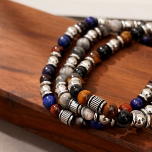 Three-piece set of natural tiger eye and agate beaded bracelets with silver spacers