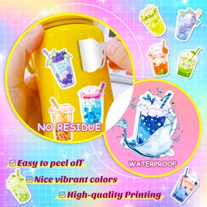 Waterproof and residue-free cute bubble tea stickers showing easy peel performance