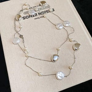 French vintage double layer necklace with white acrylic pearls and silver crystals