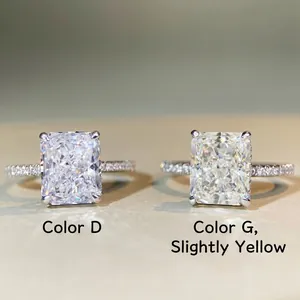 Comparison of D color and G color radiant cut 4 carat gemstones on silver rings