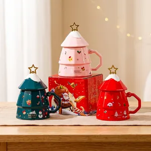 Tazza In Ceramica Albero Di Natale Con Coperchio Stella Dorata E Cucchiaio Tazza Da Caffè Regalo Grande Capacità Cartone Animato