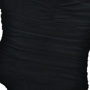 Detailed close-up showing the pleated texture of the black mesh fabric on the bodysuit