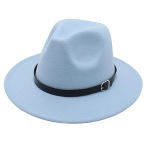 Detail of light blue felt fedora with a black slim belt buckle and classic crown shape