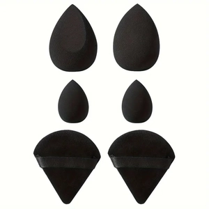 6-piece black makeup sponge set with teardrop and triangle powder puffs on white background