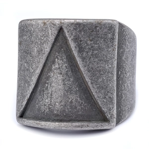 Retro grey stainless steel wide band ring featuring an engraved triangle in vintage finish