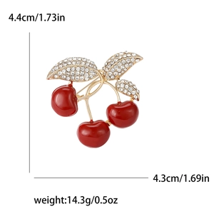 Cute cherry brooch with red drip oil finish and rhinestones including size and weight info