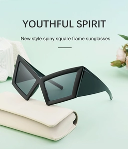 Detail of black spiny square frame sunglasses with a white case on a green background