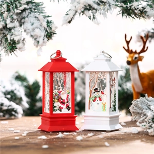 Close-up of red Santa and white Snowman LED lanterns with intricate holiday patterns