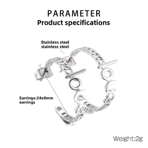 Detail view of 24x8mm C-shaped stainless steel earrings with LOVE hollow design