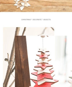Detail of red and white wooden star ornament with natural beads for Christmas tree