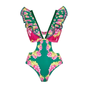 Detail showing the deep V-neckline with ruffled straps and vintage floral print monokini