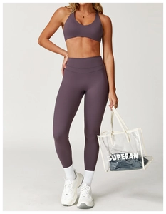 Ensemble de yoga violet foncé taille haute en tissu sans couture hautement élastique