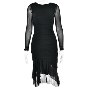 Robe courte moulante noire à manches longues en mesh avec ourlet à volants irréguliers