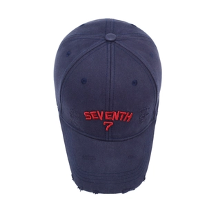 Vintage distressed navy blue baseball cap with 3D red embroidery and worn-out details