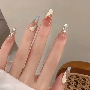 Elegant Luxury Long Coffin Press On Nails Pink Blue Marble Pattern Glitter Rhinestone False Nails With Glue