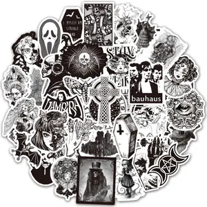 Black and white gothic punk stickers featuring skeletons, skulls and horror motifs