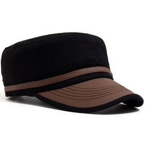 Classic flat top military cap with black cotton fabric and brown leather brim