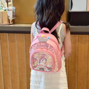 Pink unicorn kids backpack with glitter crown and colorful sequins for little girls