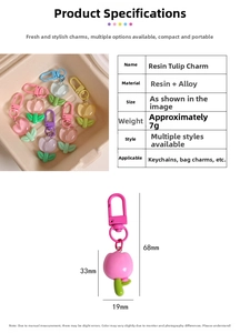 Macro detail of resin tulip charms in pastel colors with alloy spring hooks for bags