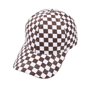 Detail of checkered baseball cap showing brown and white pattern on canvas fabric