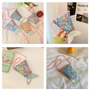 Detail of girls' mermaid tail crossbody bag with colorful sequins and laser reflective material