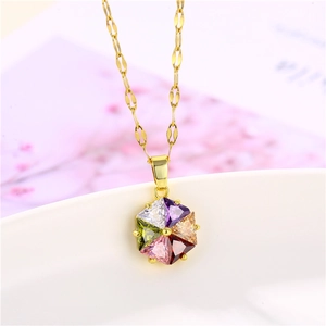 18K gold plated necklace with hexagonal colorful cubic zirconia flower pendant