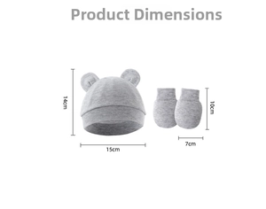 Size chart showing 14x15cm grey baby hat with round ears and 10x7cm matching gloves