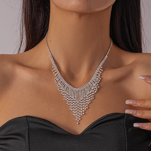 Rhinestone Tassel Necklace Alloy Cascading V-Shape Waterfall Statement Jewelry For Women Wedding Gala Party Silver