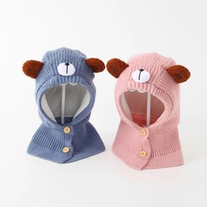 Winter kids bear balaclava knit hat with fleece lining and cute ear details