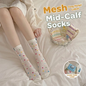 Women's cotton mesh crew socks with colorful polka dots and cute puppy patch