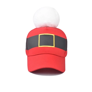 Christmas baseball cap with red crown and white fluffy pompom featuring Santa belt design