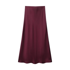 Detailed view of burgundy satin midi skirt with elegant glossy finish and smooth texture