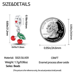 Detail of S925 silver red cherry charm bead with size reference and 25-cent coin scale
