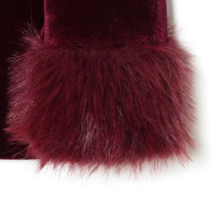 Burgundy velvet blazer for women featuring elegant faux fur trimmed sleeves and cuffs