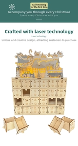Macro detail of wooden advent calendar with LED silhouette and 24 storage drawers