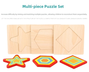 Multi-piece wooden puzzle set showing nested stars and hexagons for toddler color learning