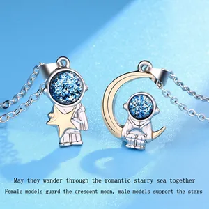 Astronaut couple necklaces with star and crescent moon pendants for partners