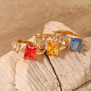 Cubic Zirconia Open Ring Stainless Steel Adjustable Colorful Rectangular Stone Chic Fashion Jewelry For Women