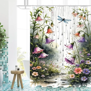 Artistic watercolor shower curtain featuring purple flowers and a blue dragonfly