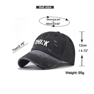 Detailed measurement guide for washed vintage black baseball cap with THINK embroidery