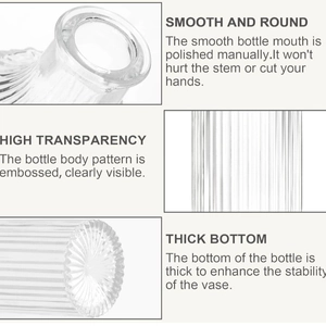 Transparent glass vase with smooth round rim, embossed pattern, and thickened bottom base