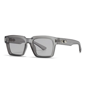 Fashionable square frame sunglasses in matte transparent gray with silver arrow trim