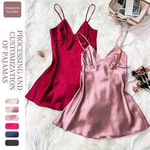 Women Satin Nightdress V Neck Spaghetti Strap Sexy Backless Sleepwear Satin Like Satiny Lingerie For Ladies