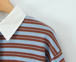Macro view of blue and brick red striped knit polo shirt with contrast white collar