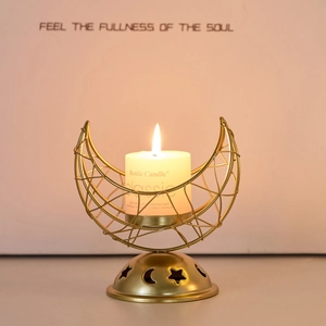 Golden crescent moon metal incense burner with star cutouts for home desktop decor