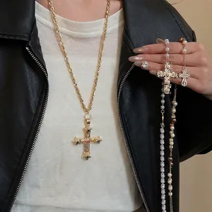 Cross Pendant Necklace Vintage Faux Artificial Pearl Gold Alloy Colorful Rhinestone Gothic Retro Long Sweater Chain For Women