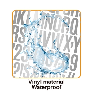 Close-up of waterproof vinyl alphabet stickers showing water splash resistance effects